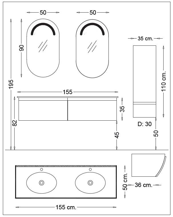 Dimension meuble double vasque 155 cm- En destockage